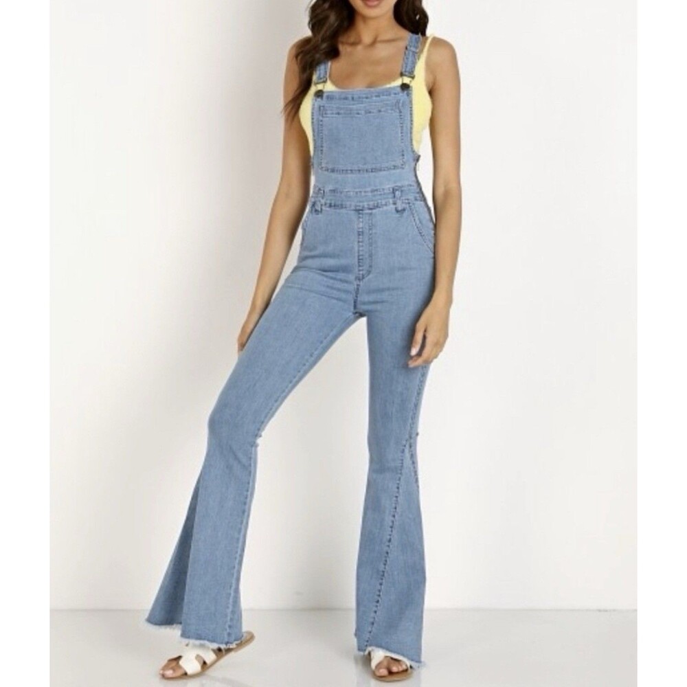 Show Me Your Mumu Blue Berkeley Bell Overalls Sz L Flare Frayed Hem Hippie Boho